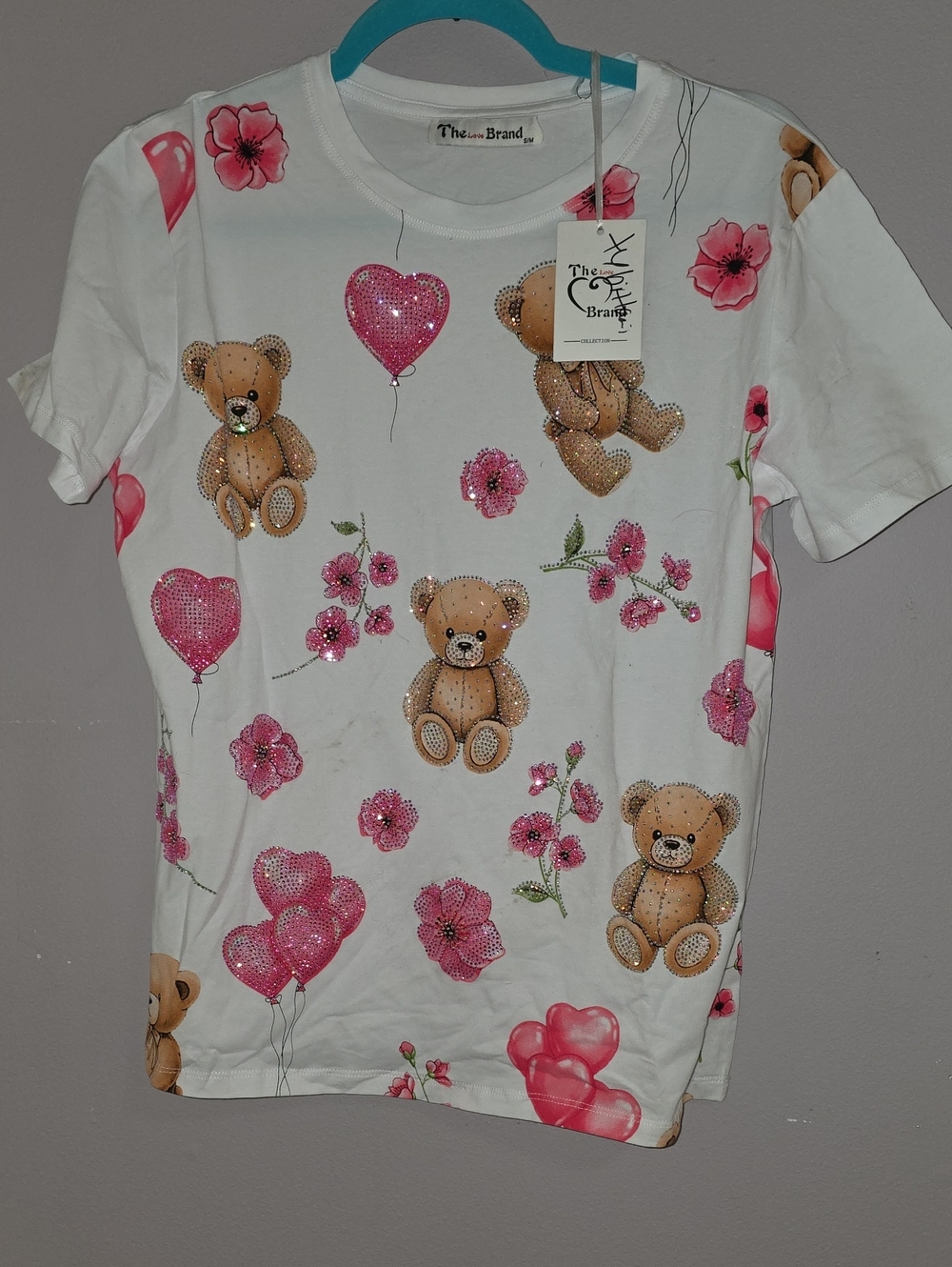 Sequin The Love BRAND Tee with Pink Teddy & Heart Print NWT S/M Bling Tee